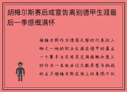 胡梅尔斯赛后或宣告离别德甲生涯最后一季感慨满怀 胡梅尔斯赛后或宣告离别德甲生涯最后一季感慨满怀